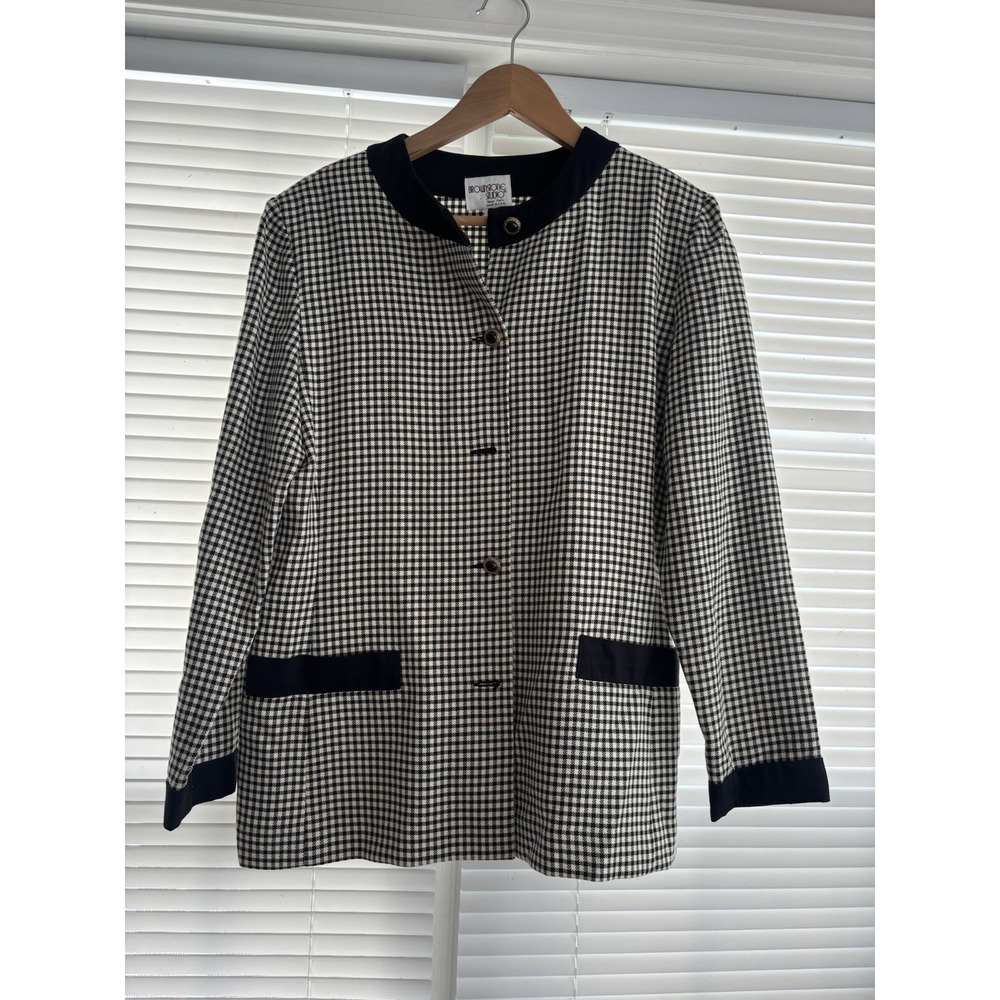 Brownstone Studio Women's Sz 12 Vintage Blk/Wht Check Wool Blazer Collarless